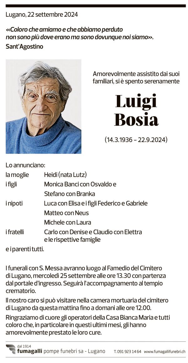 Annuncio funebre Luigi Bosia