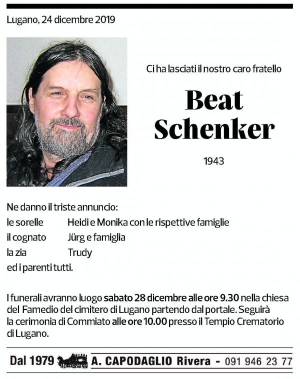 Annuncio funebre Beat Schenker