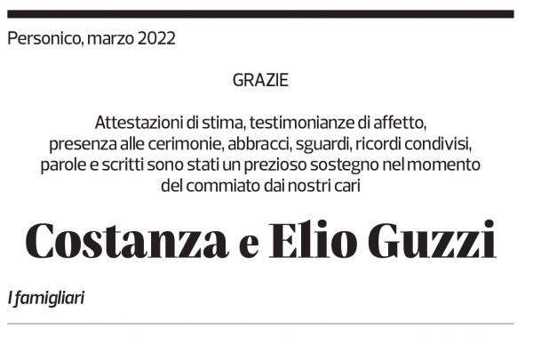 Annuncio funebre Costanza E Elio Guzzi