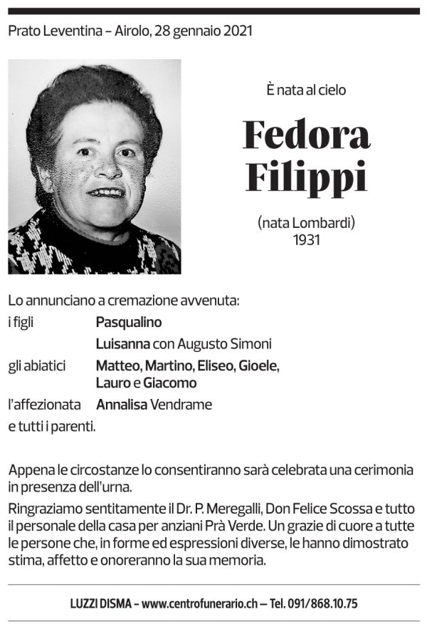 Annuncio funebre Fedora Filippi