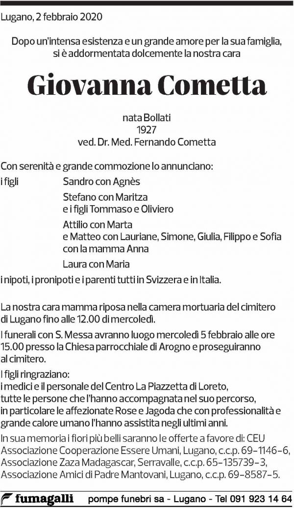 Annuncio funebre Giovanna Cometta