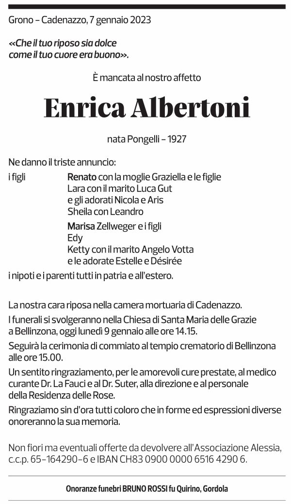 Annuncio funebre Enrica Albertoni