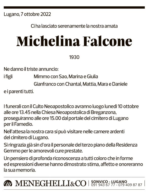 Annuncio funebre Michelina Falcone