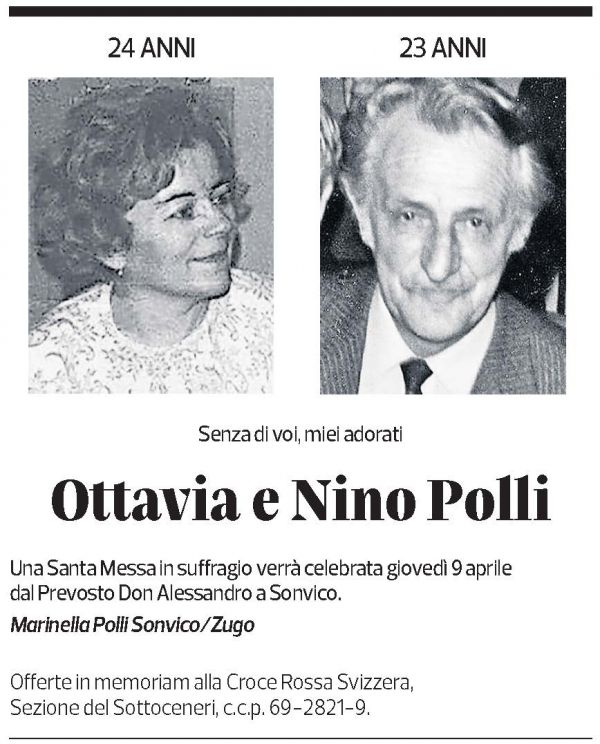 Annuncio funebre Ottavia E Nino Polli