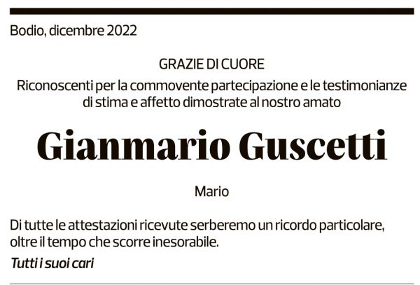 Annuncio funebre Gianmario Guscetti