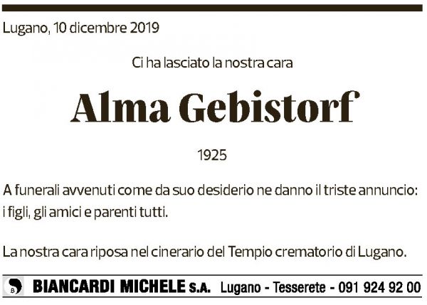 Annuncio funebre Alma Gebistorf