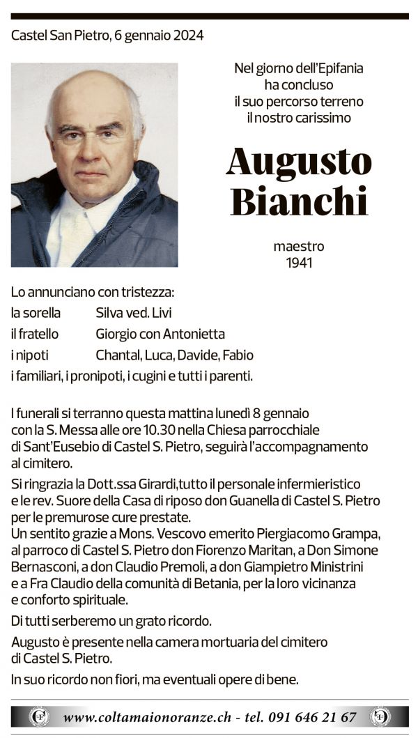 Annuncio funebre Augusto Bianchi