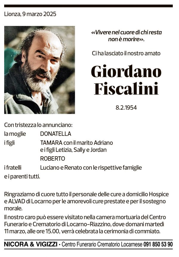 Annuncio funebre Giordano Fiscalini