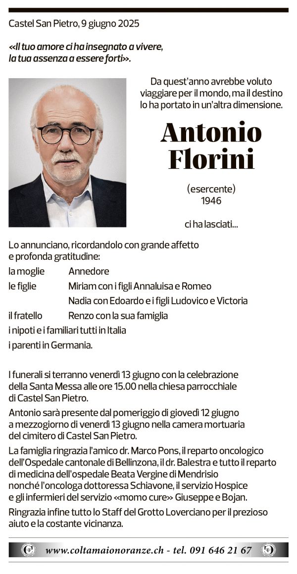 Annuncio funebre Antonio Florini