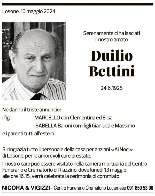 Annuncio funebre Duilio Bettini