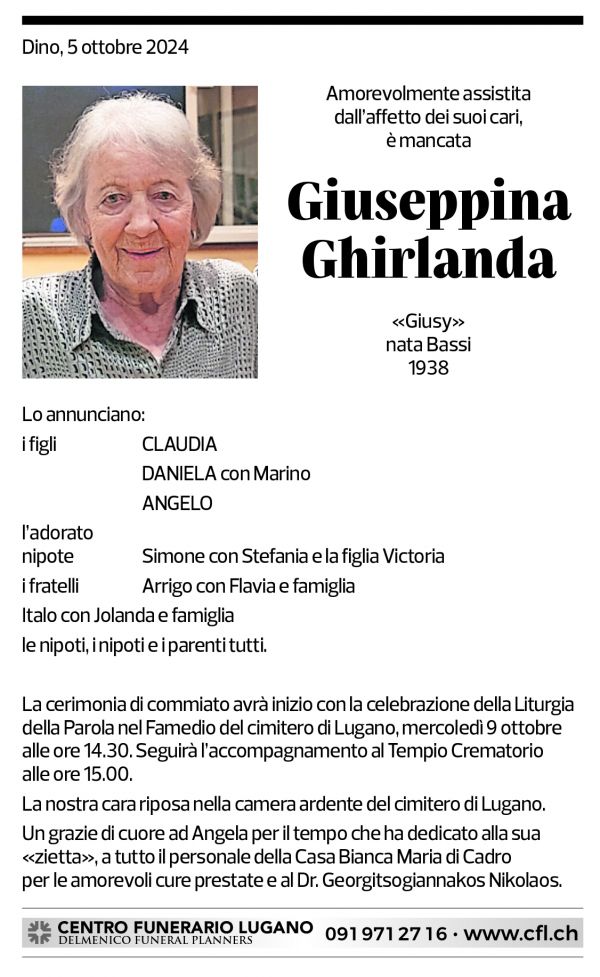 Annuncio funebre Giuseppina Ghirlanda