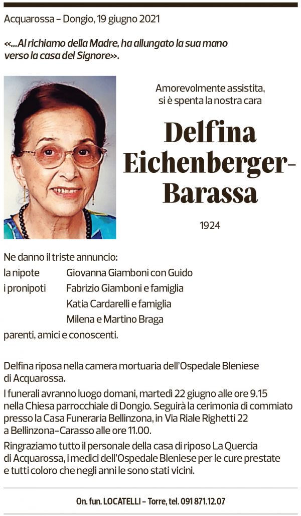 Annuncio funebre Delfina Eichenberger-barassa