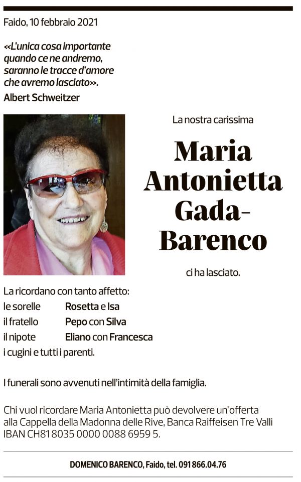 Annuncio funebre Maria Antonietta Gada-barenco