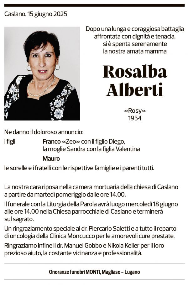 Annuncio funebre Rosalba Alberti