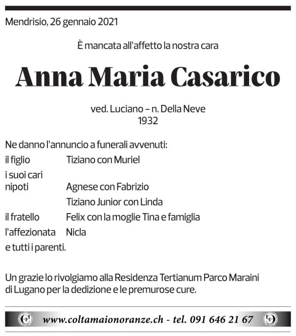 Annuncio funebre Anna Maria Casarico