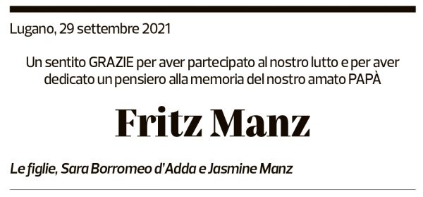 Annuncio funebre Fritz Manz