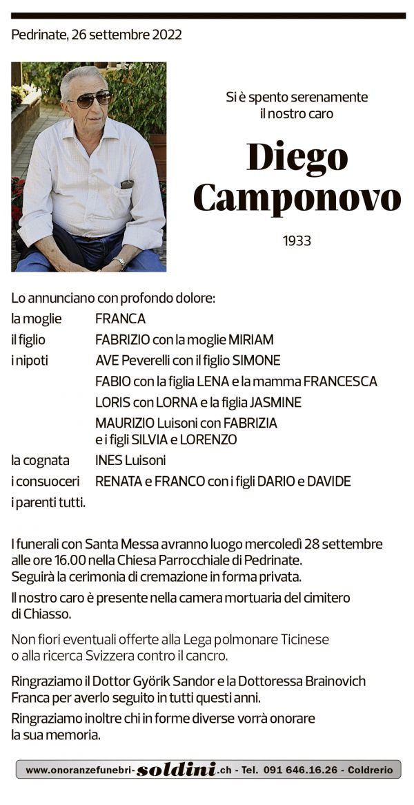 Annuncio funebre Diego Camponovo