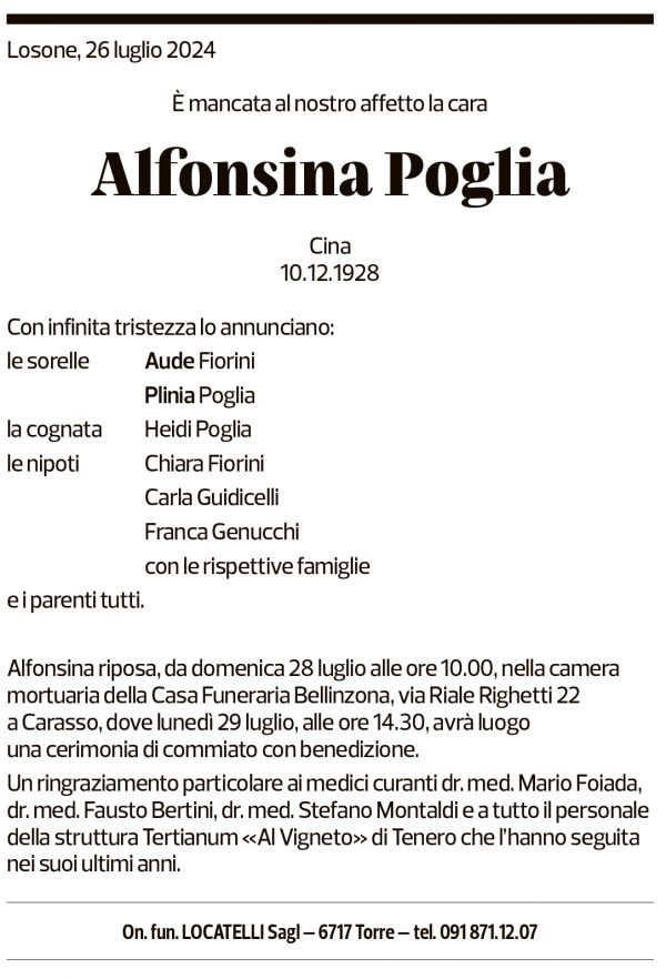 Annuncio funebre Alfonsina Poglia