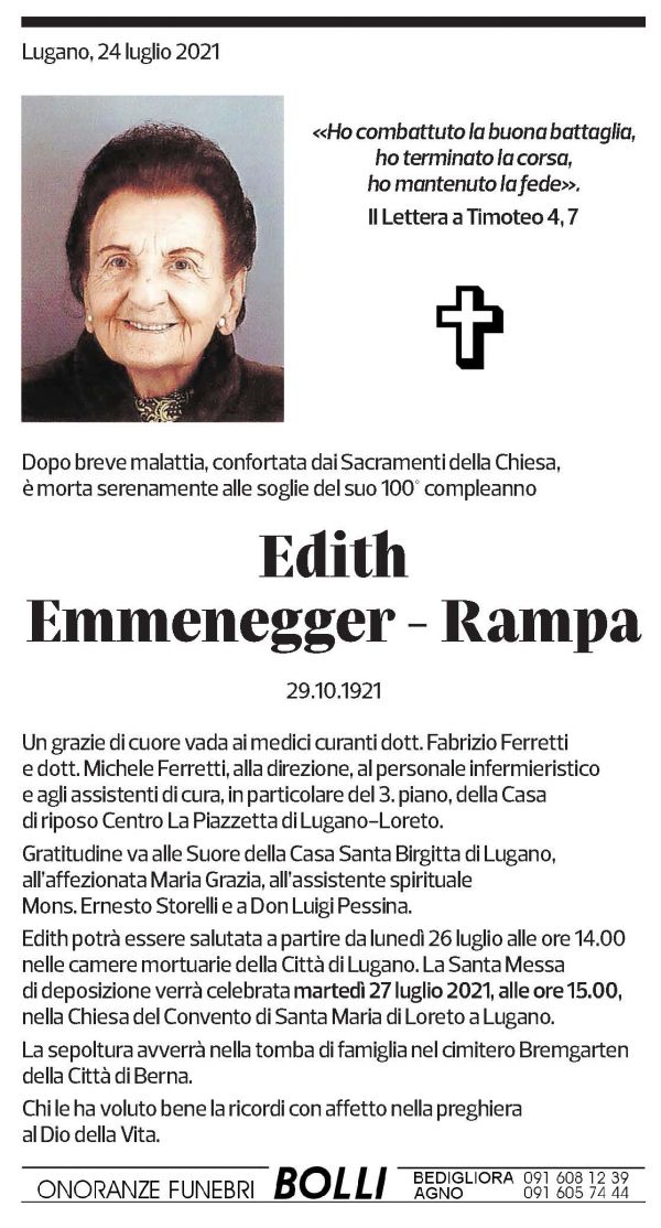 Annuncio funebre Edith Emmenegger - Rampa