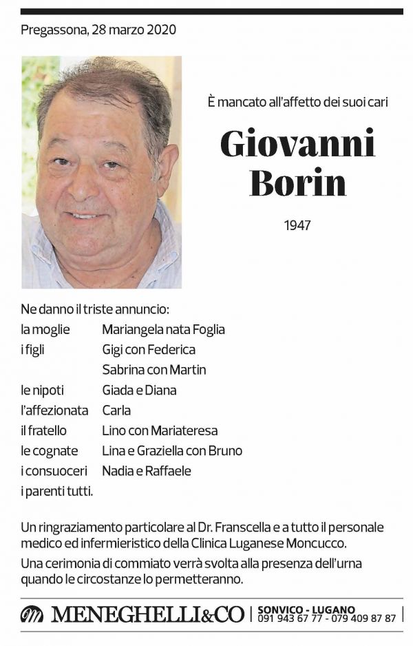 Annuncio funebre Giovanni Borin