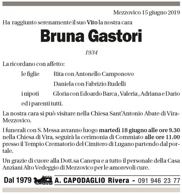 Annuncio funebre Bruna Gastori
