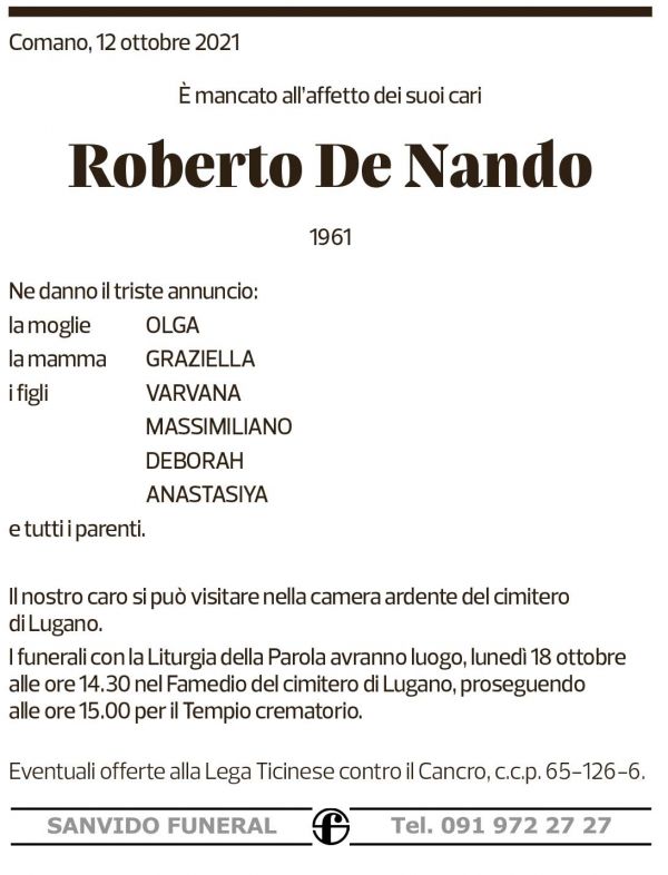 Annuncio funebre Roberto De Nando