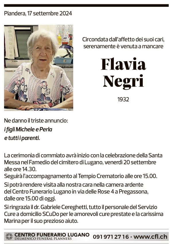 Annuncio funebre Flavia Negri