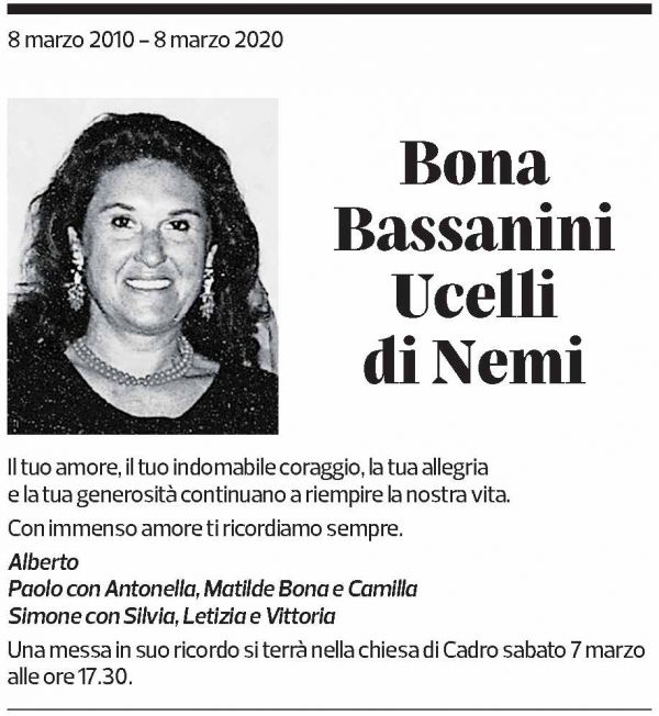 Annuncio funebre Bona Bassanini Ucelli Di Nemi