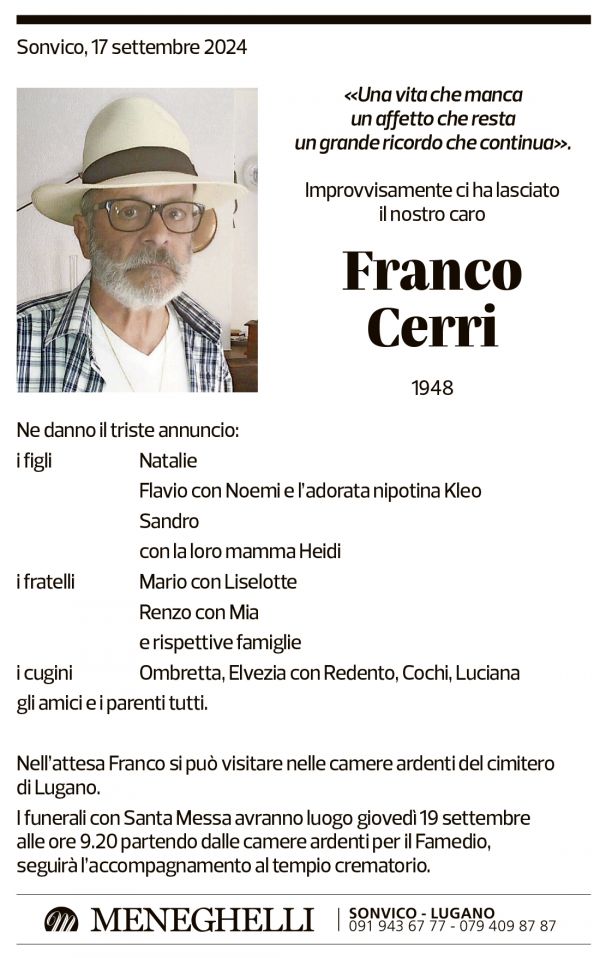 Annuncio funebre Franco Cerri