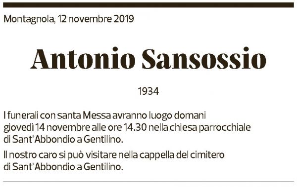 Annuncio funebre Antonio Sansossio