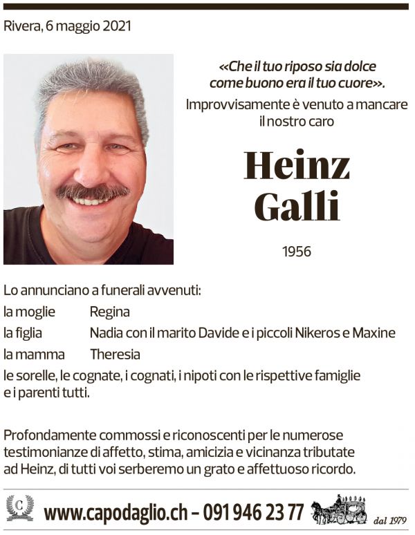 Annuncio funebre Heinz Galli