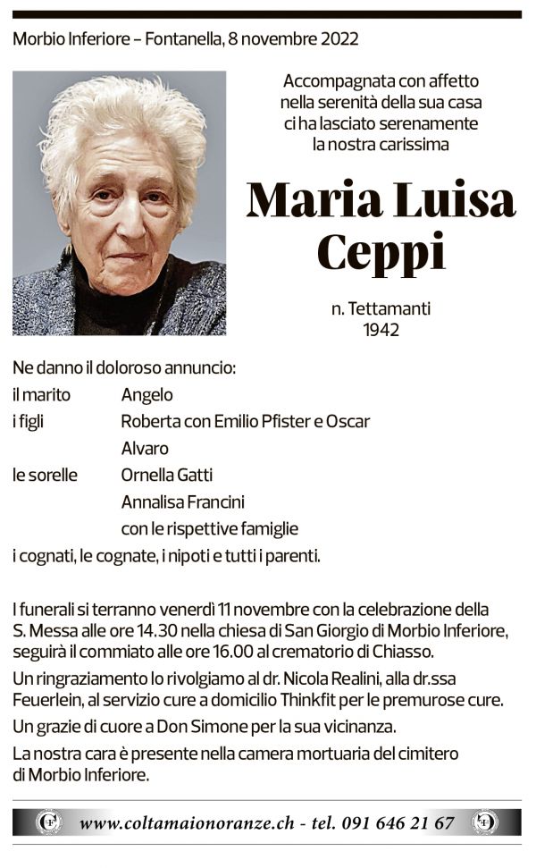 Annuncio funebre Maria Luisa Ceppi