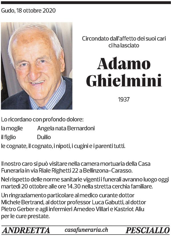 Annuncio funebre Adamo Ghielmini