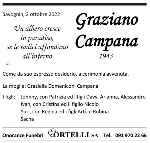 Annuncio funebre Graziano Campana