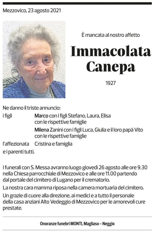 Annuncio funebre Immacolata Canepa