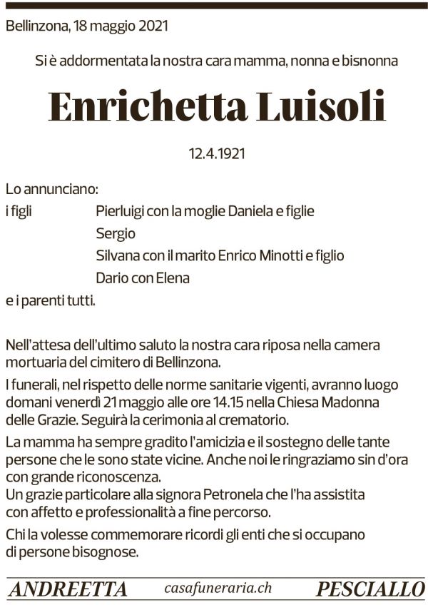 Annuncio funebre Enrichetta Luisoli