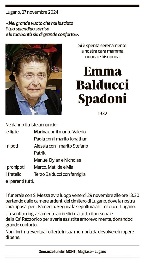 Annuncio funebre Emma Balducci Spadoni