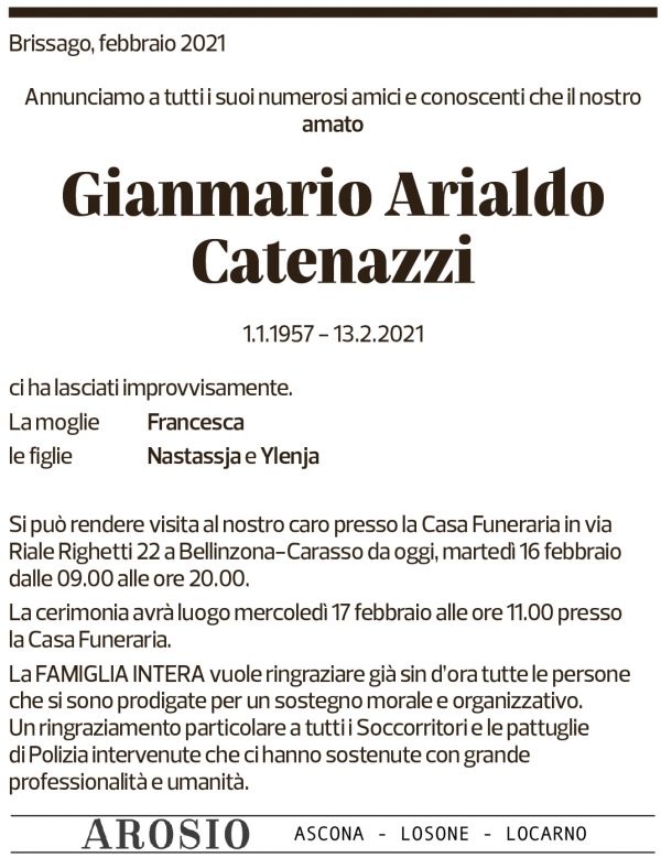 Annuncio funebre Gianmario Arialdo Catenazzi