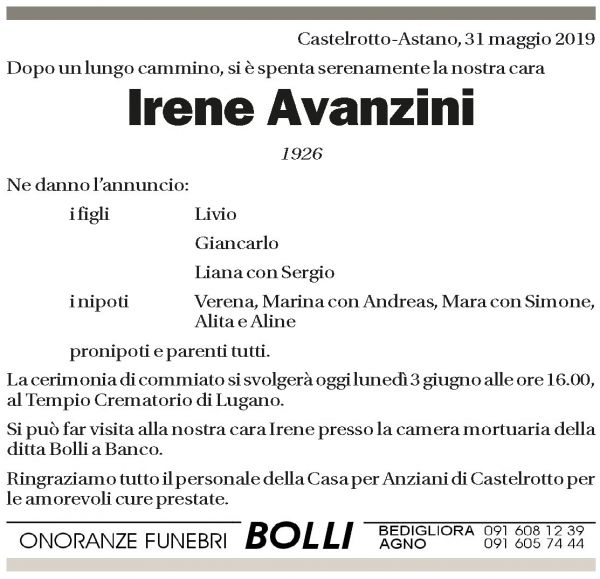 Annuncio funebre Irene Avanzini
