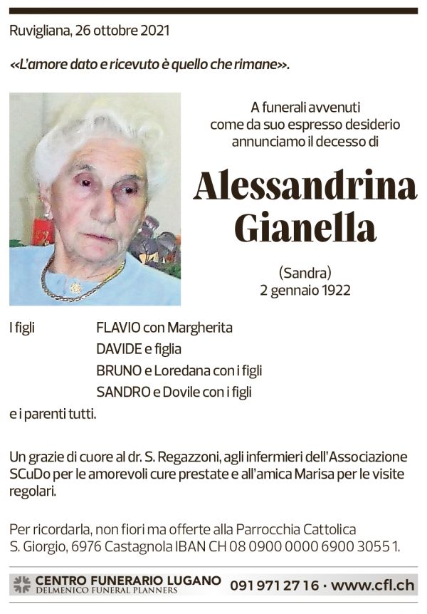 Annuncio funebre Alessandrina Gianella