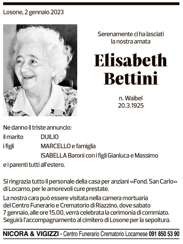 Annuncio funebre Elisabeth Bettini