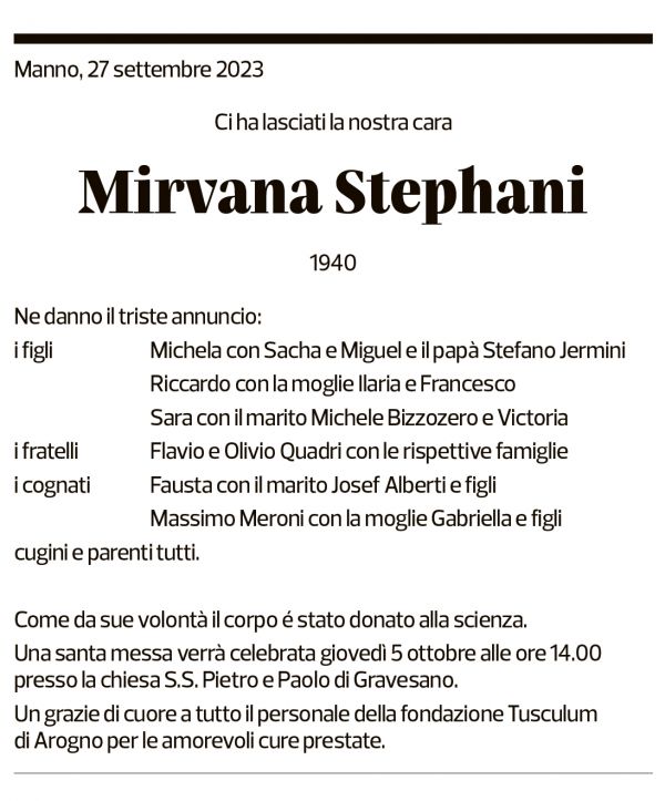 Annuncio funebre Mirvana Stephani