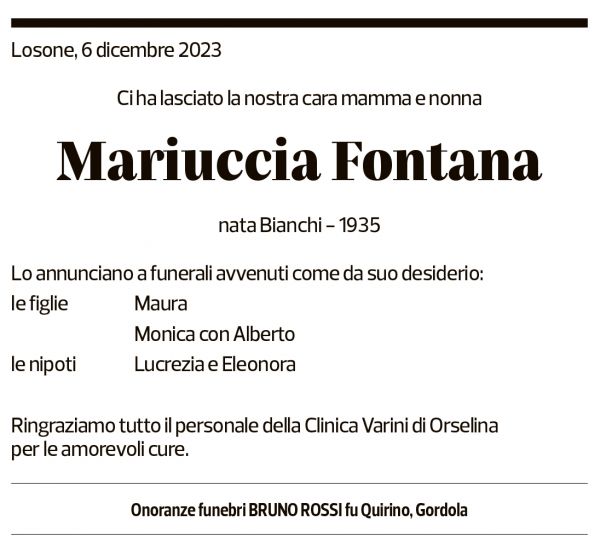 Annuncio funebre Mariuccia Fontana