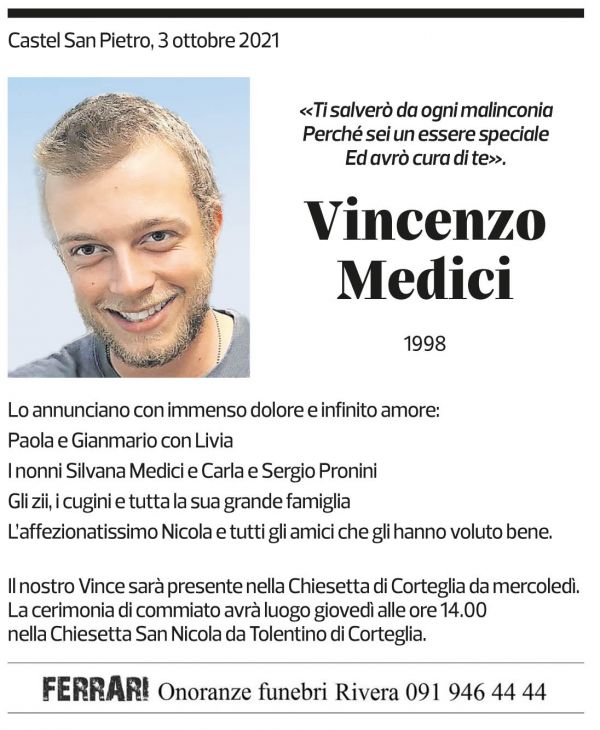 Annuncio funebre Vincenzo Medici