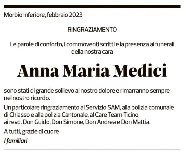 Annuncio funebre Anna Maria Medici