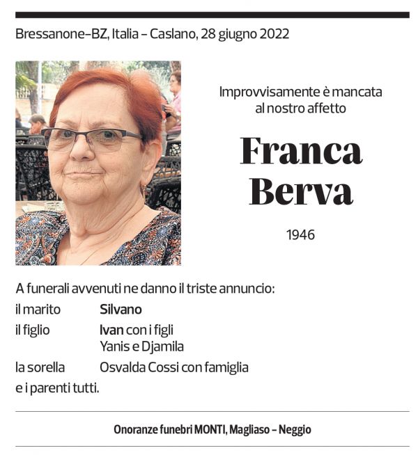 Annuncio funebre Franca Berva