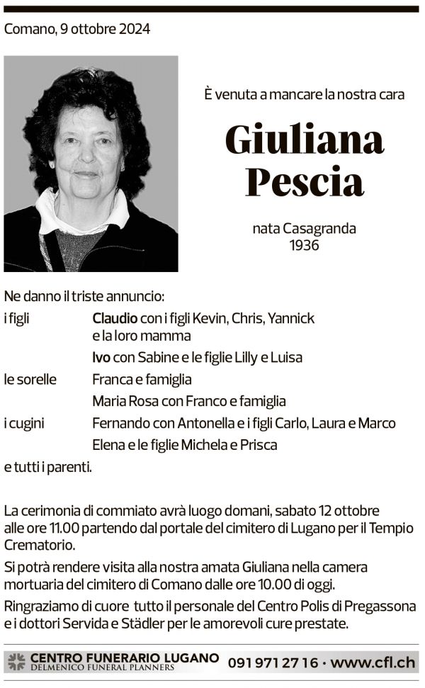 Annuncio funebre Giuliana Pescia