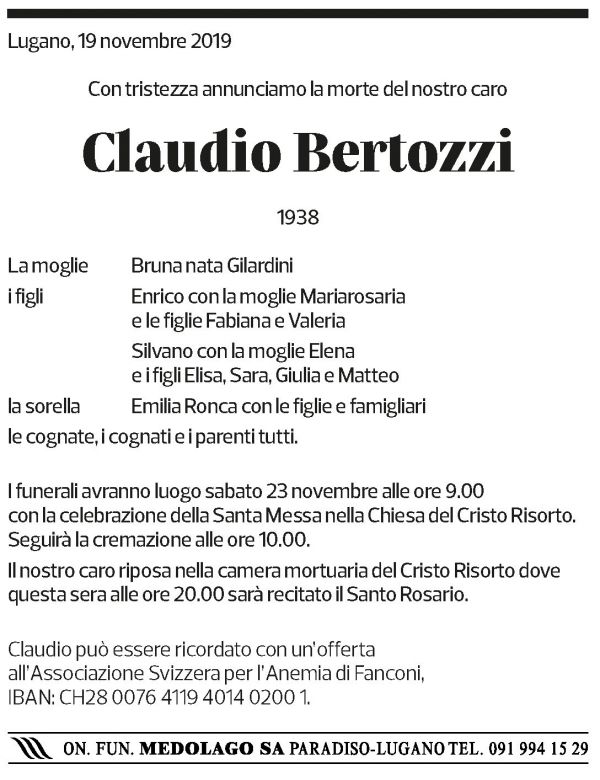 Annuncio funebre Claudio Bertozzi