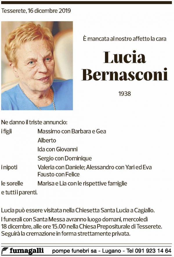 Annuncio funebre Lucia Bernasconi