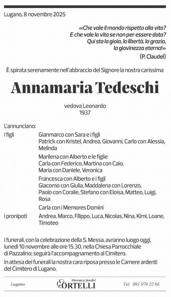 Annuncio funebre Annamaria Tedeschi